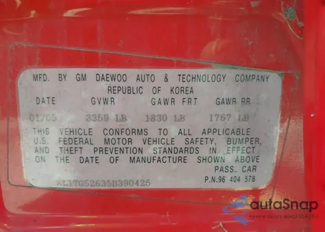 2005 Chevrolet Aveo Lt z USA, uszkodzony, nr VIN KL1TG52635B390425